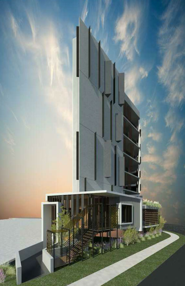 The design has a blade like tower housing the elevator and stairs. 