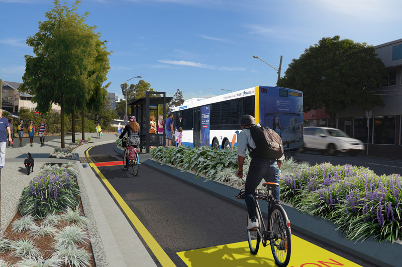 Artist's impression of proposed bike lanes and floating bus stop on Annerley Road