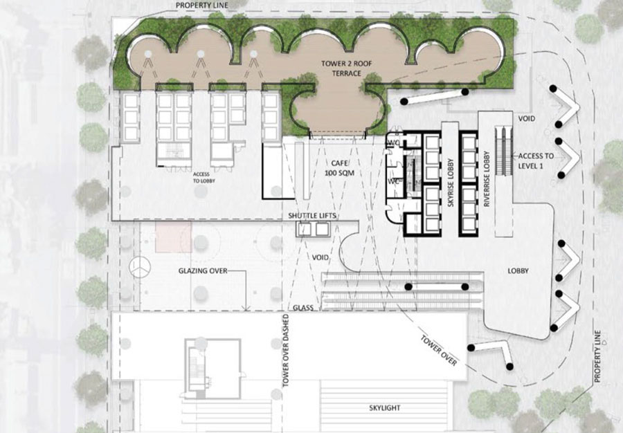 Ground floor plan showing newly created rooftop terrace space on existing podium
