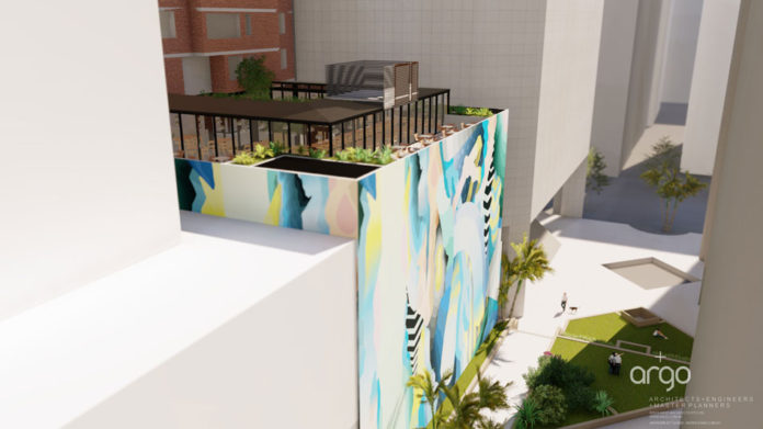 Artist's impression of the Great Southern Hotel's proposed exterior rooftop restaurant and large wall mural