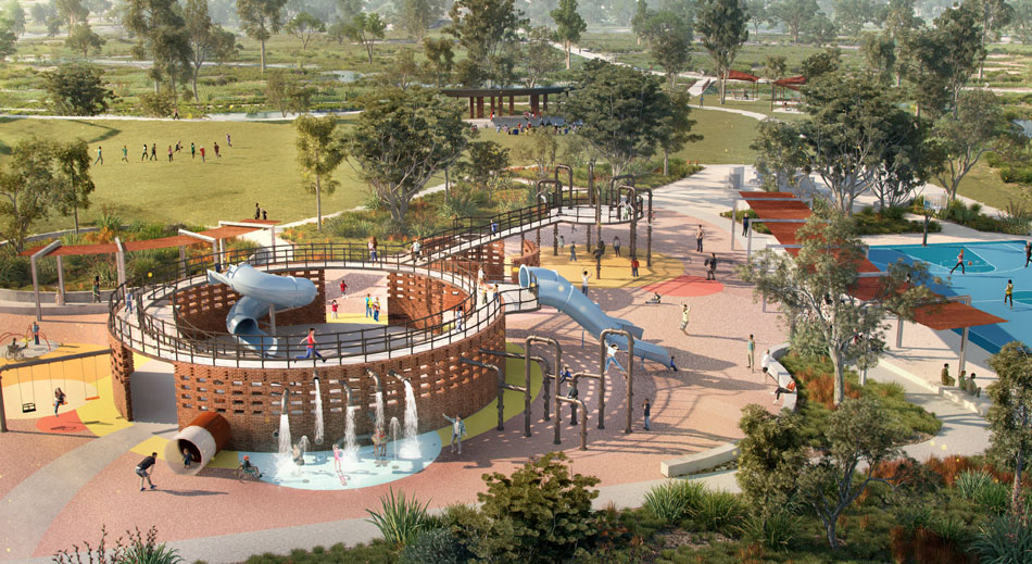 Artist’s impression of the adventure play space, youth hub, event lawn and informal amphitheatre.