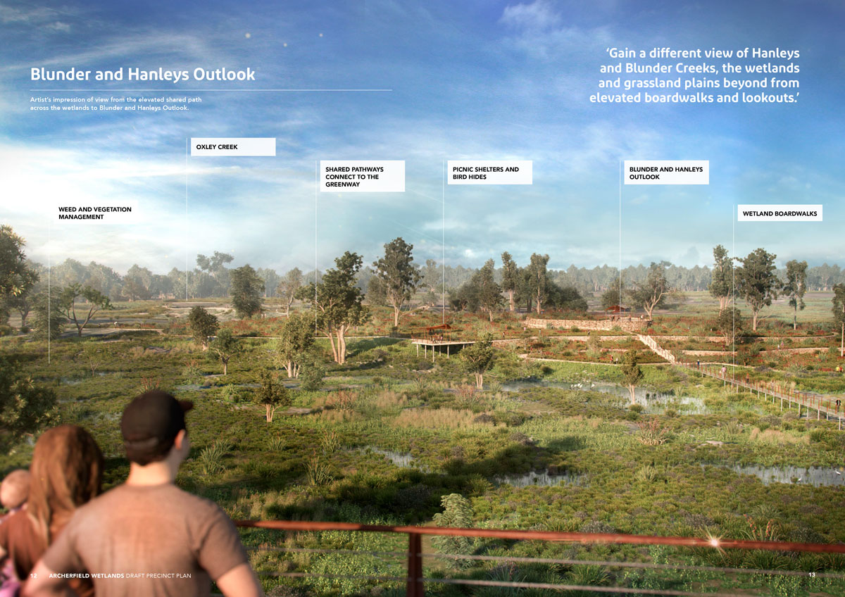 Artist’s impression of view from the elevated shared path across the wetlands to Blunder and Hanleys Outlook.