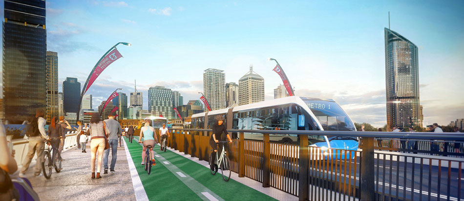 Artist's impression of the Brisbane Metro along Victoria Bridge