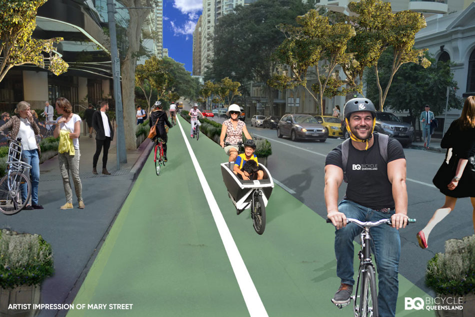 Artist's impression of pop up bike lanes along Mary Street. Source: Bicycle Queensland