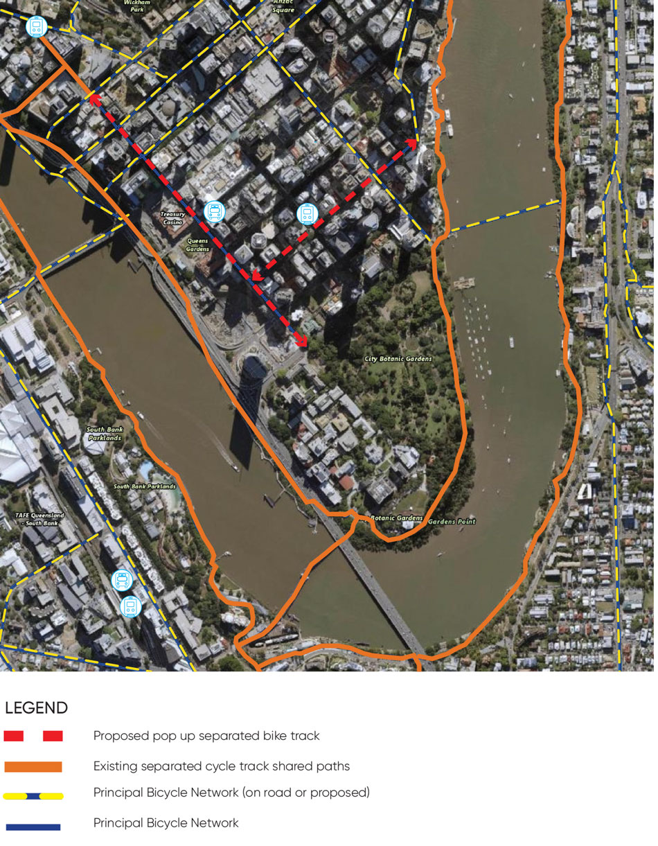 Proposed map of pop up cycling lanes in Brisbane CBD
