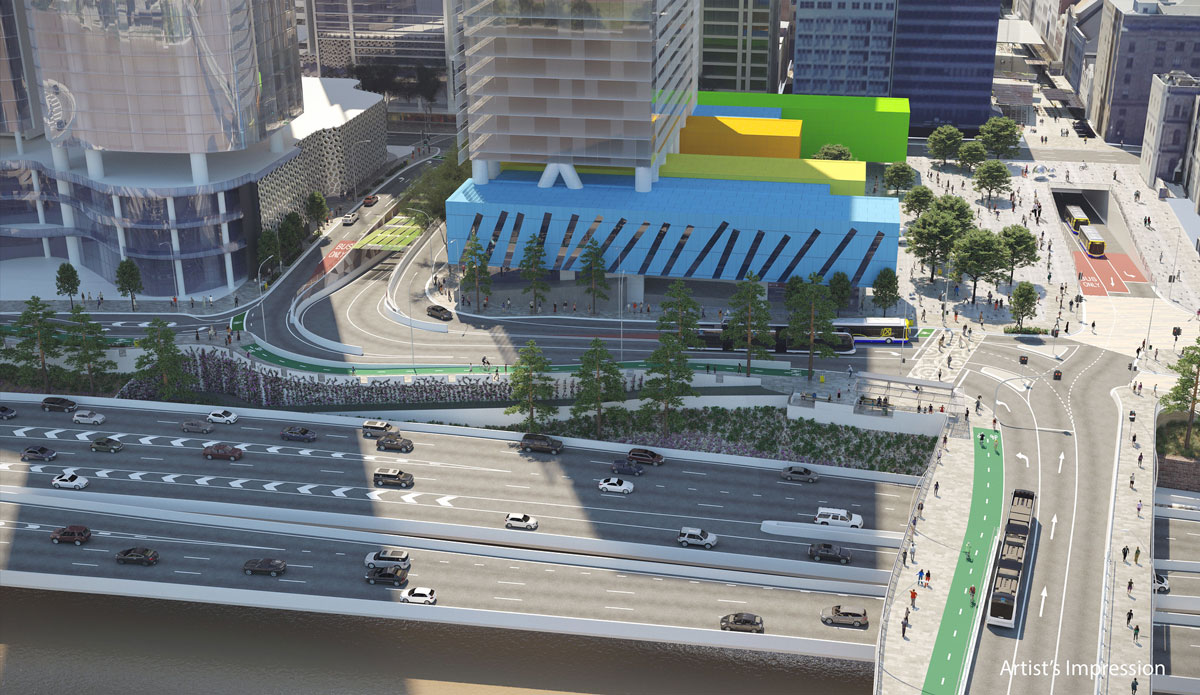 Artist's impression of Brisbane Metro alignment over the Victoria Bridge and into a new Adelaide Street bus tunnel