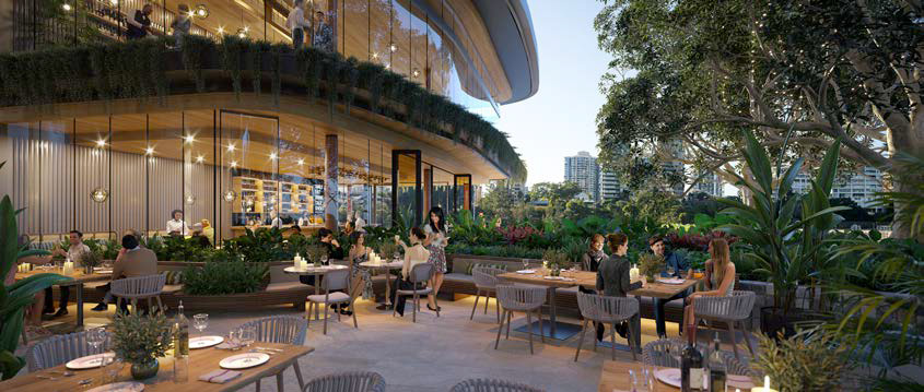 Artist's impression of the outdoor dining area in front of Waterfront Place
