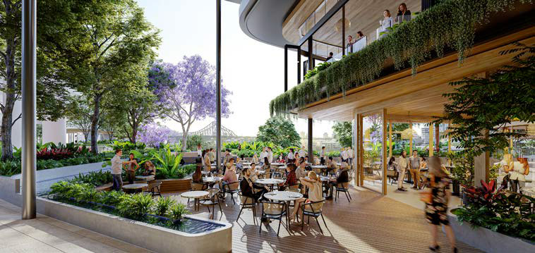 Artist's impression of the outdoor dining area in front of Waterfront Place