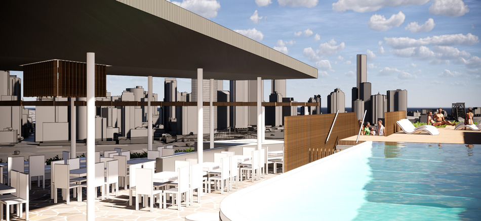 Architectural rendering of rooftop pool and restaurant