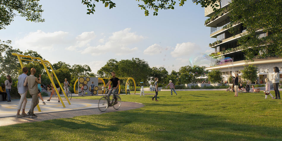 Architectual rendering of view west through new public 4,000m2 park