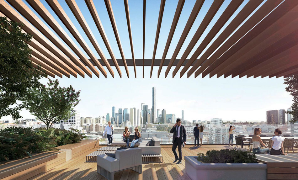 Architectural rendering of rooftop deck of 58 Morgan Street, Fortitude Valley proposal