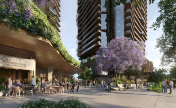 Architectural rendering of ground level plaza
