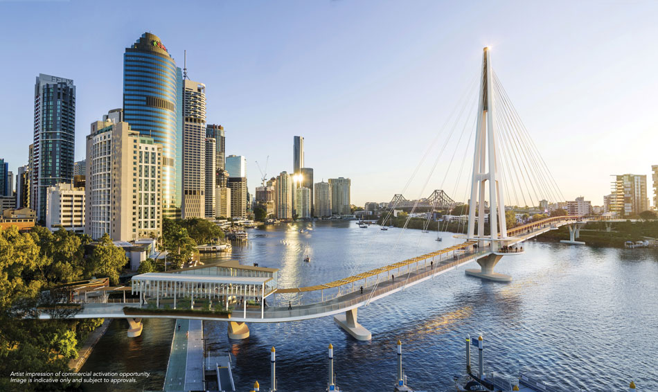 Rendering of elevated commercial space as part of Kangaroo Point Green Bridge