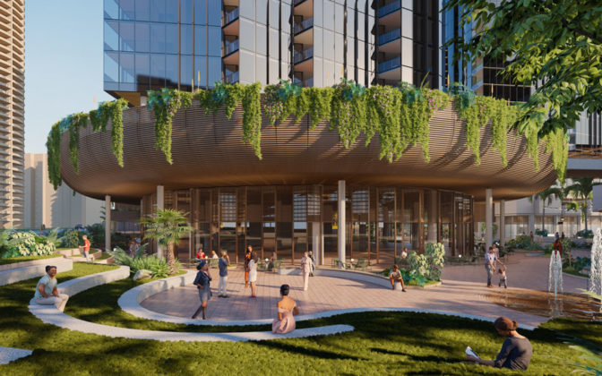 Architectural rendering of SPG's 103 Ferny Avenue development retail entry garden