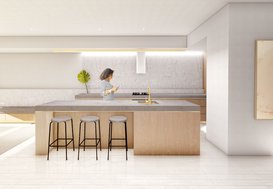 Architectural rendering of interior kitchen design