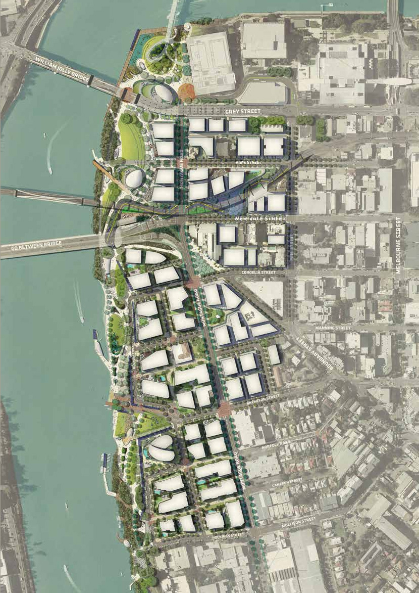 Aerial plan of South Bank's expanded parkland as part of the Brisbane City Council's draft Kurilpa Masterplan