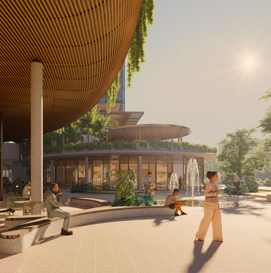 Architectural rendering of SPG's 103 Ferny Avenue development entry plaza