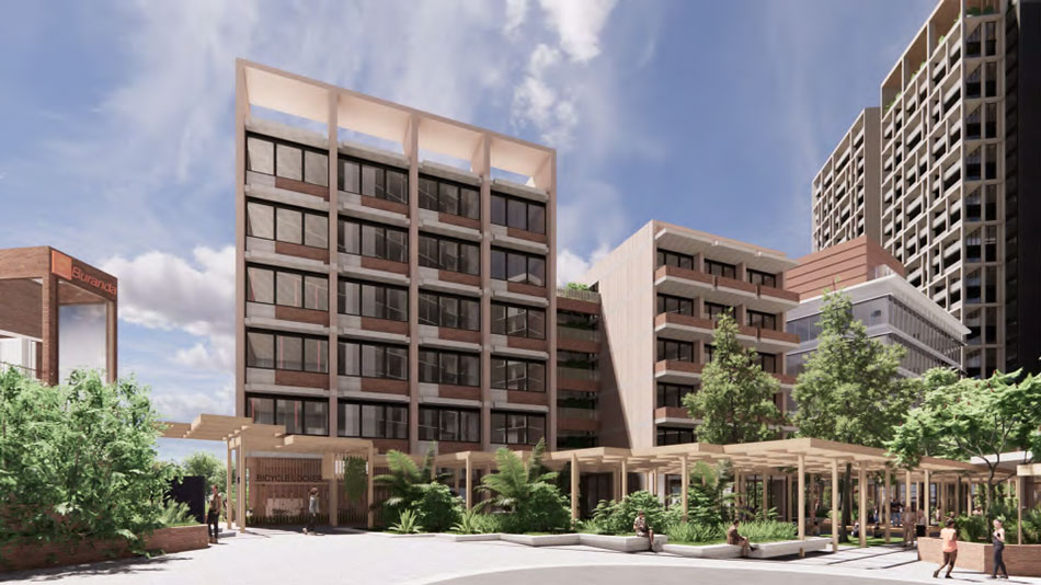 Architectural rendering of 'Garden House' aged care building at Buranda TOD