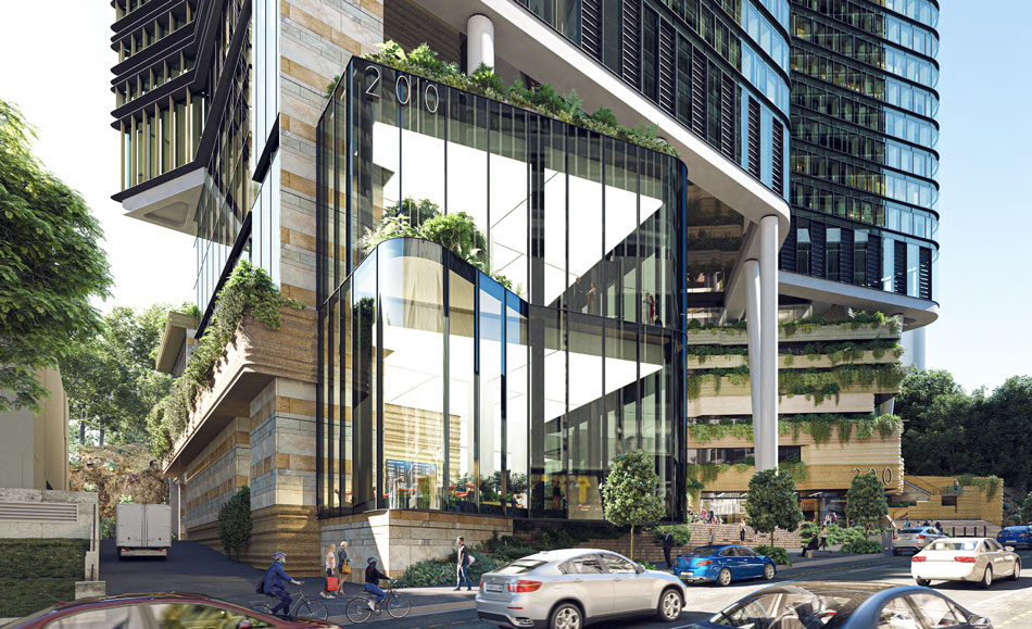 Architectural rendering of podium levels of Mirvac's 200 Turbot Street commercial tower