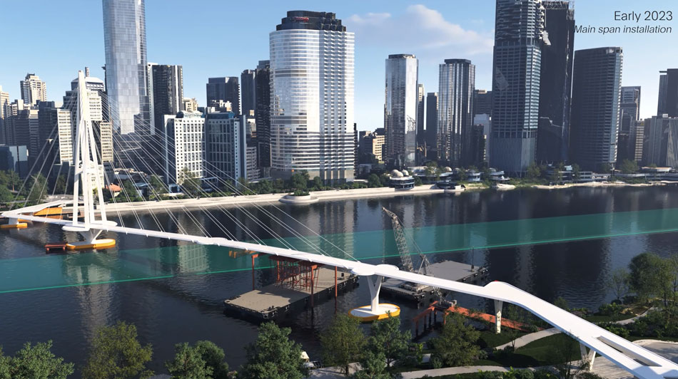 Rendering of the construction of the Kangaroo Point Green Bridge