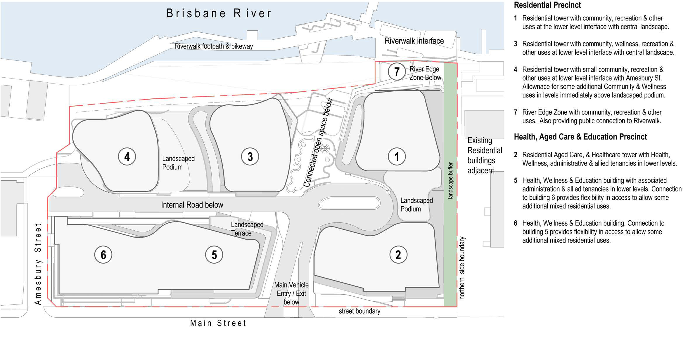 Proposed precincts as part of the Kangaroo Point Integrated Wellness Community