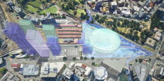 Architectural rendering of above Roma Street Station site and Brisbane Live