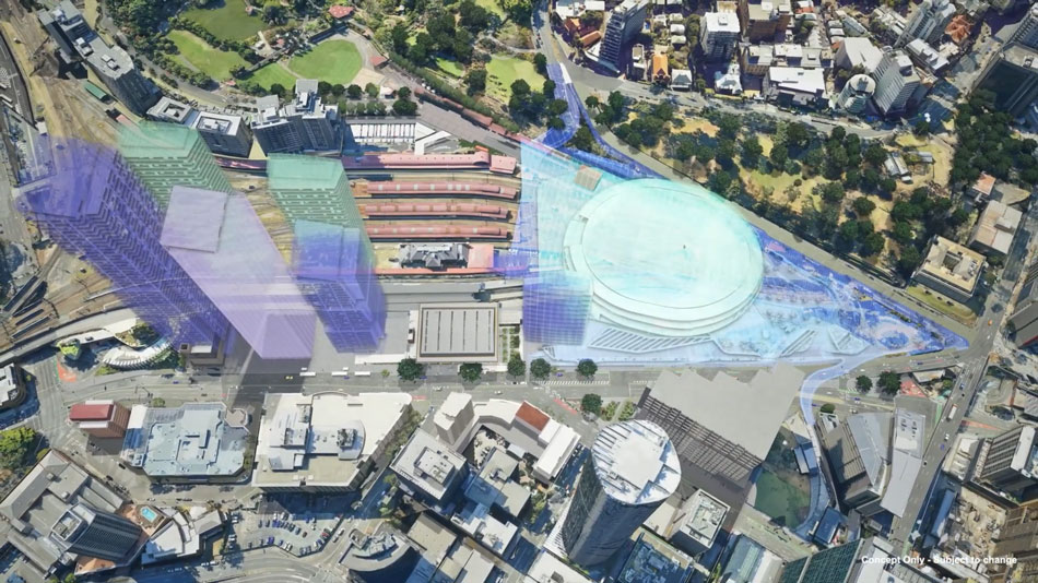 Architectural rendering of above Roma Street Station site and Brisbane Live
