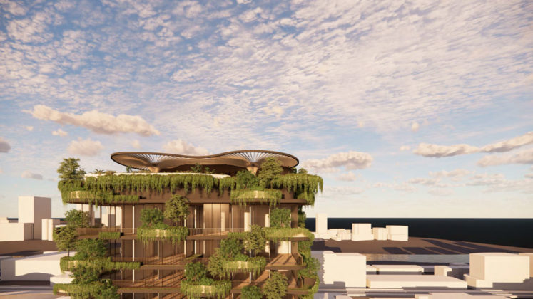 Architectural rendering of the rooftop of Aria's updated 'Urban Forest' proposal