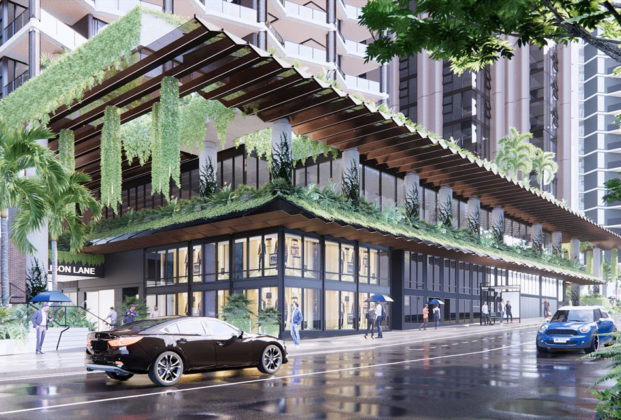Architectural rendering of tower 4's entry at West Village