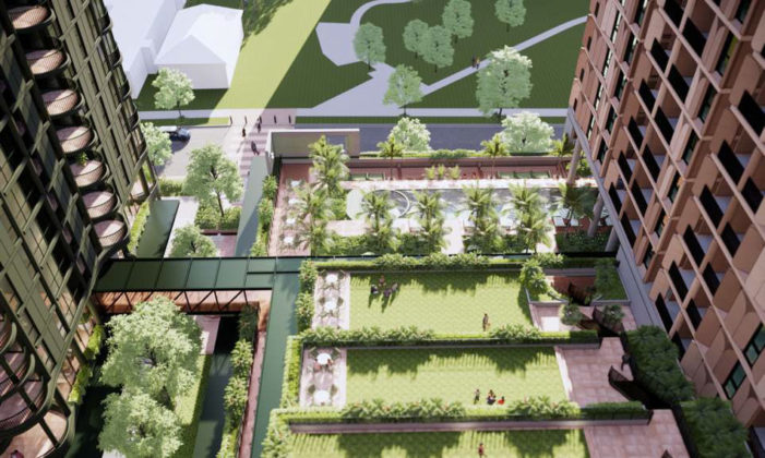 Architectural rendering of proposed Buranda Village urban development. Image showing 'The Terraces'.