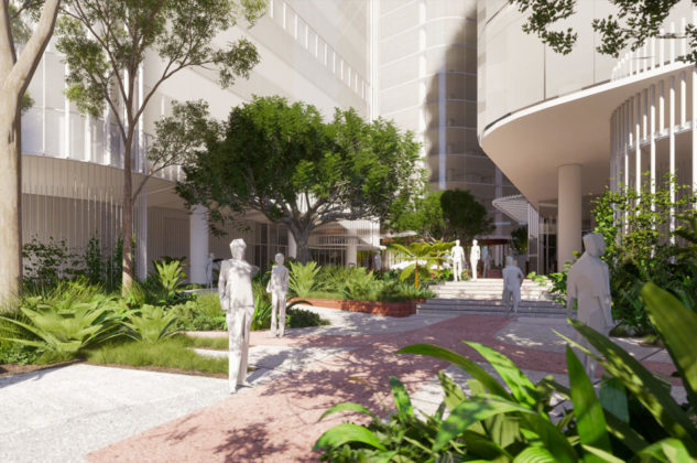 Architectural rendering of proposed Buranda Village urban development. Image showing 'the Garden Walk'.