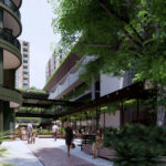 Architectural rendering of proposed Buranda Village urban development. Image showing 'the village walk'.
