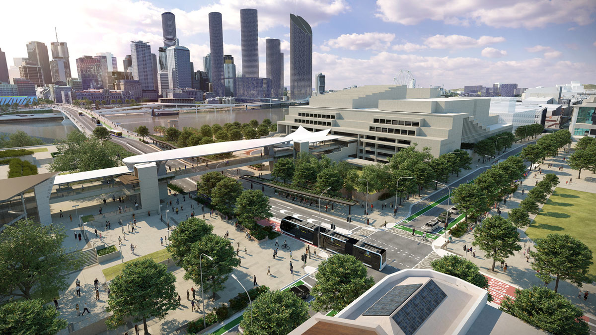 Architectural rendering of a refurbished cultural centre station as part of the Brisbane Metro 
