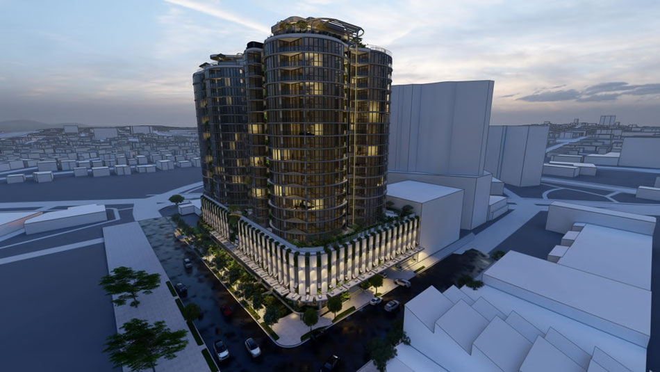 Architectural rendering of 'Nuage' in Woolloongabba showing night time lighting