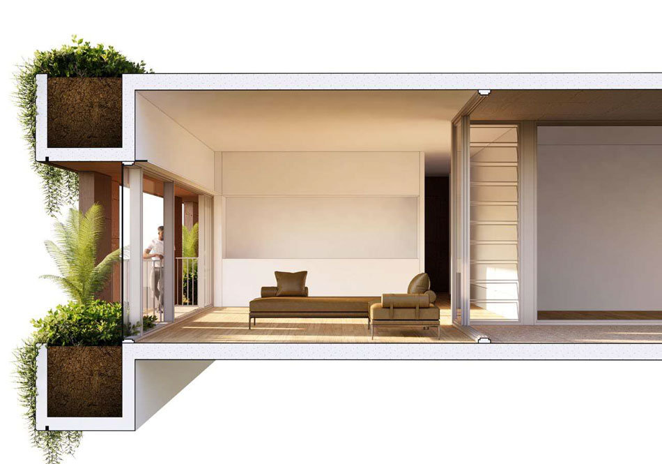 Architectural rendering of the internal and external apartment buffer space of Centa Property Group's Indooroopilly development