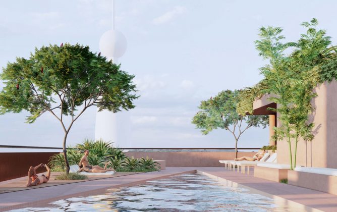 Architectural rendering of Aria's new project at 164-190 Melbourne St, South Brisbane showing the rooftop recreation area
