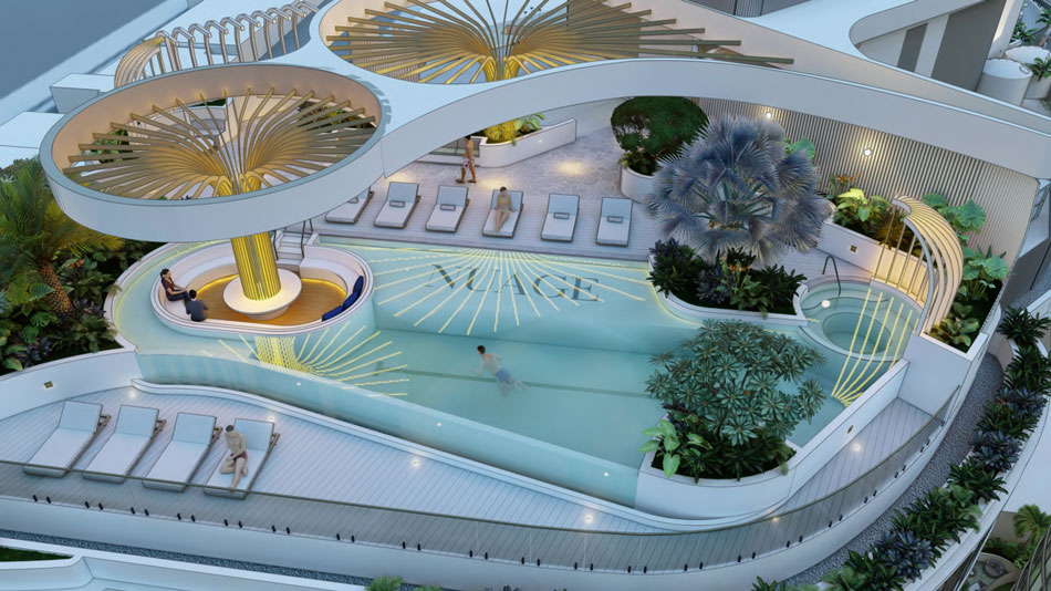 Architectural rendering of the rooftop pool deck of 'Nuage' in Woolloongabba