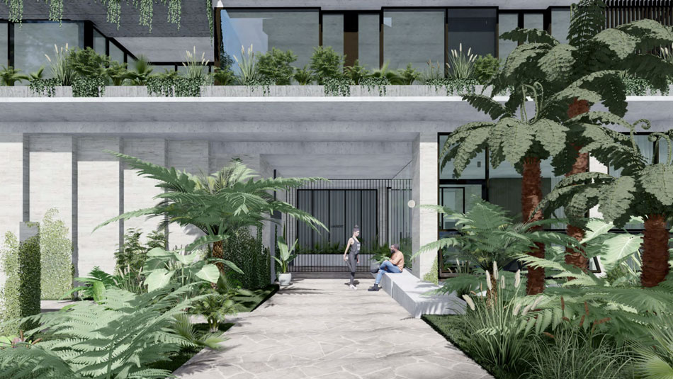Architectural rendering of 112-130 Lambert Street, Kangaroo Point showing the tower's entry experience