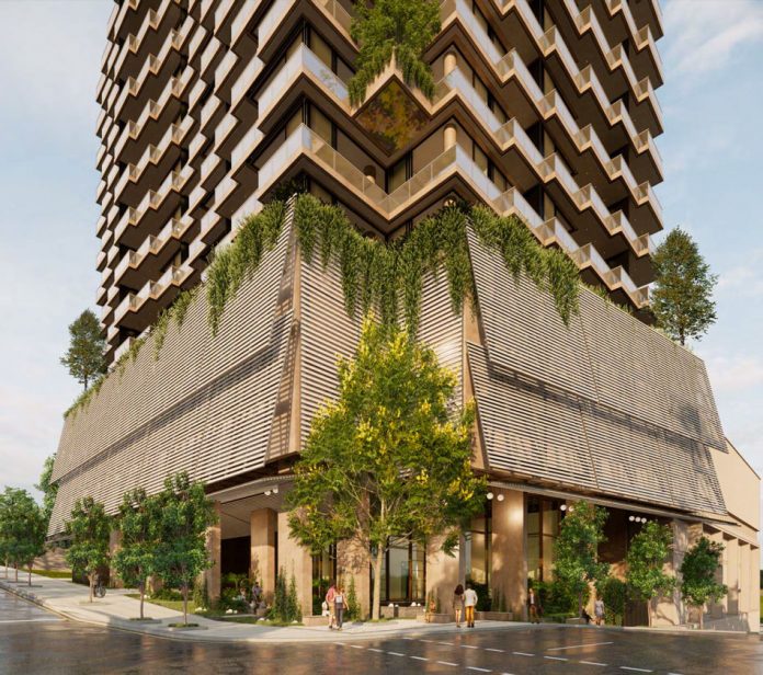 Architectural rendering of Aria's proposed residential tower at 58-62 Leopard St, Kangaroo Point