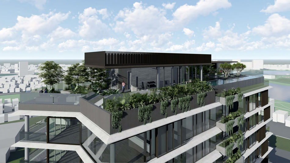 Architectural rendering of 112-130 Lambert Street, Kangaroo Point showing the rooftop recreation level