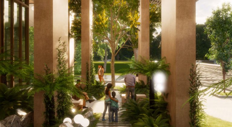 Architectural rendering of the ground level of Aria's proposed residential tower at 58-62 Leopard St, Kangaroo Point