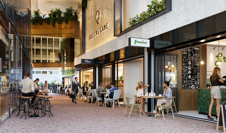 Architectural rendering of 360 Queen Street showing retail laneway