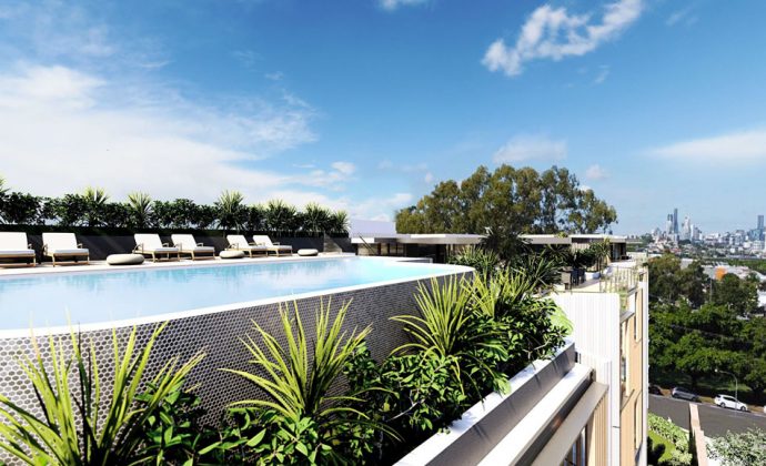 Architectural rendering of the rooftop pool of Arden Group's 56-60 Crosby Road, Albion