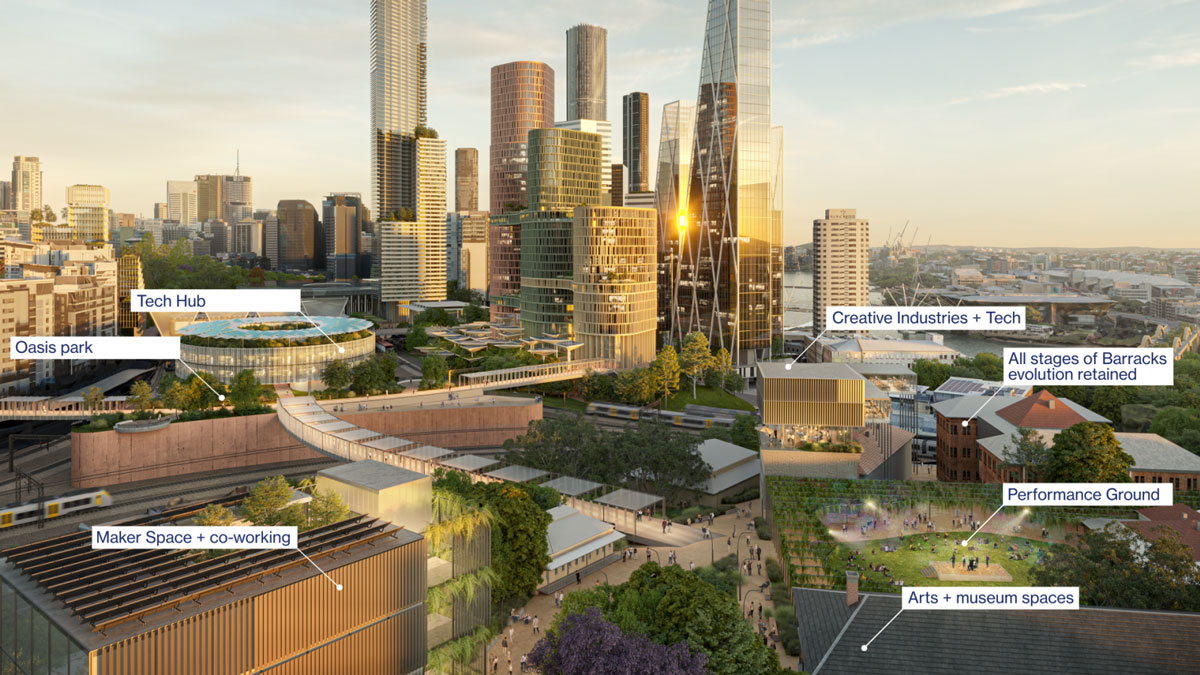 Architectural rendering by Architectus showing a vision for the Roma Street precinct