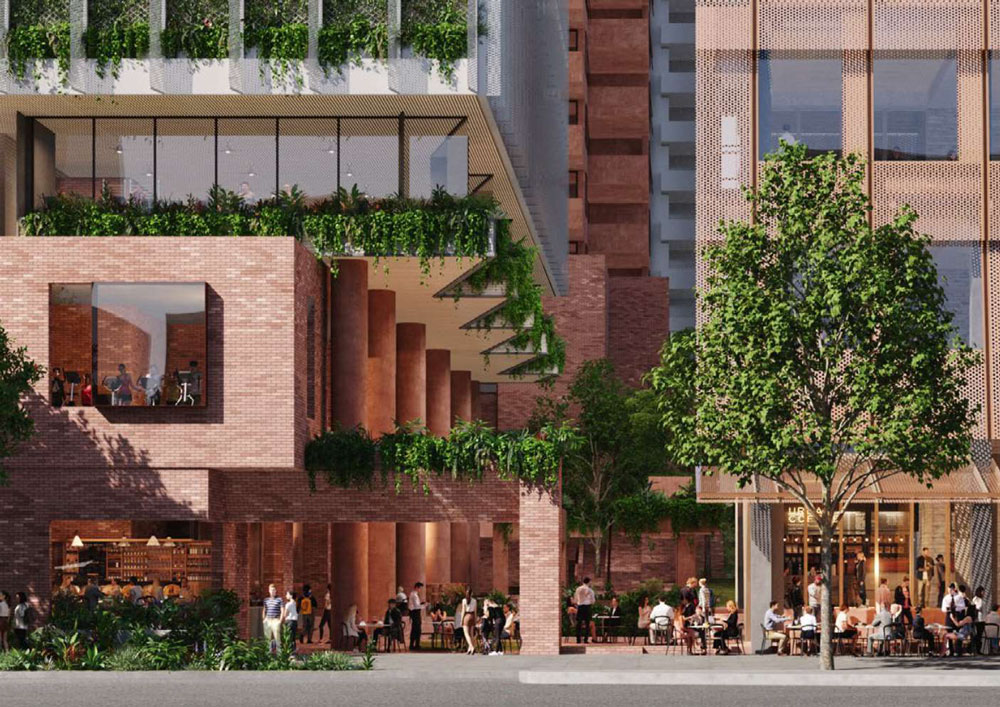 Architectural rendering of retail and dining arcade between Tower 2 & 3 of Aria's new Melbourne Street commercial master plan