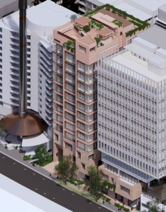 Architectural rendering of Tower 1 of Aria's new Melbourne Street commercial master plan