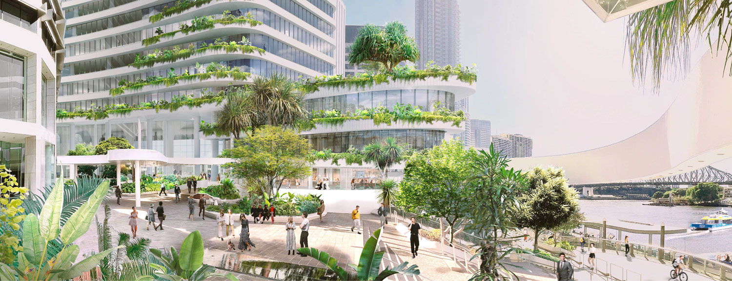 Architectural rendering of the ground level plaza of GPT's 135 Eagle Street, Brisbane City