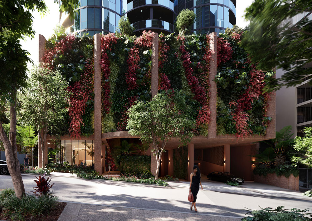 Architectural rendering of Aria's new development at 10 Cordelia Street, South Brisbane showing the podium design
