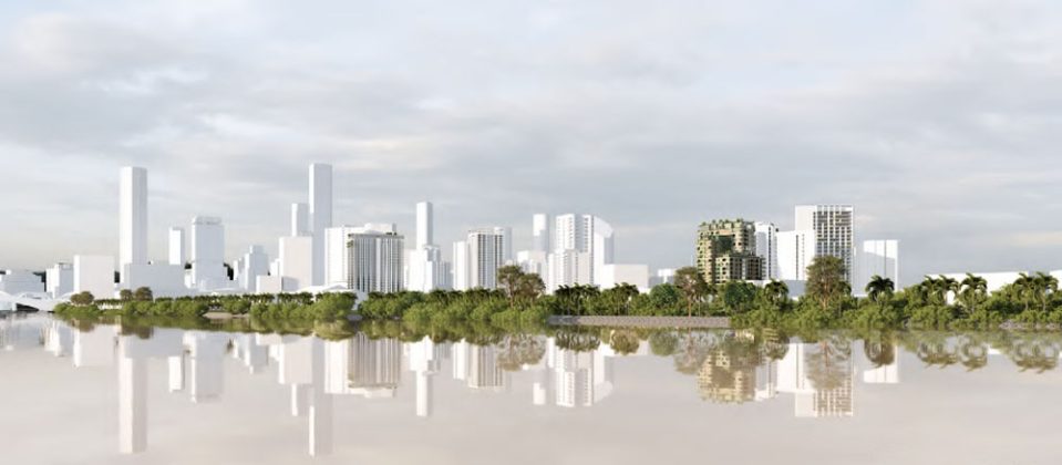Architectural rendering of Unison Projects' 17 Mollison St proposal view from the Brisbane River