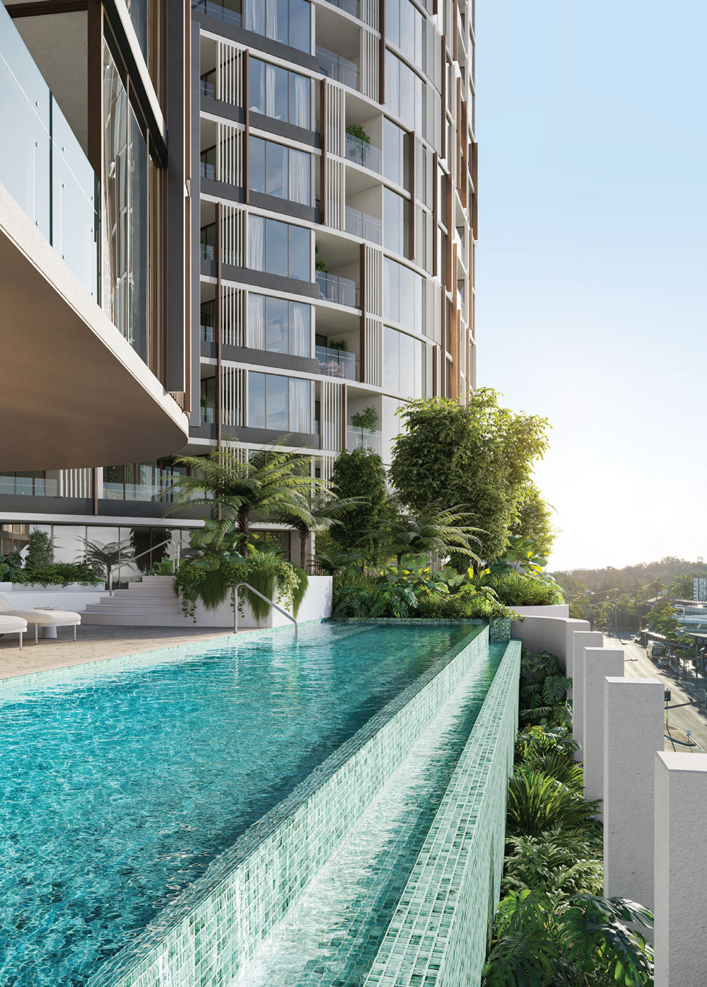 Architectural rendering of the pool area of Keylin's proposed built-to-rent development on Station Rd, Indooroopilly